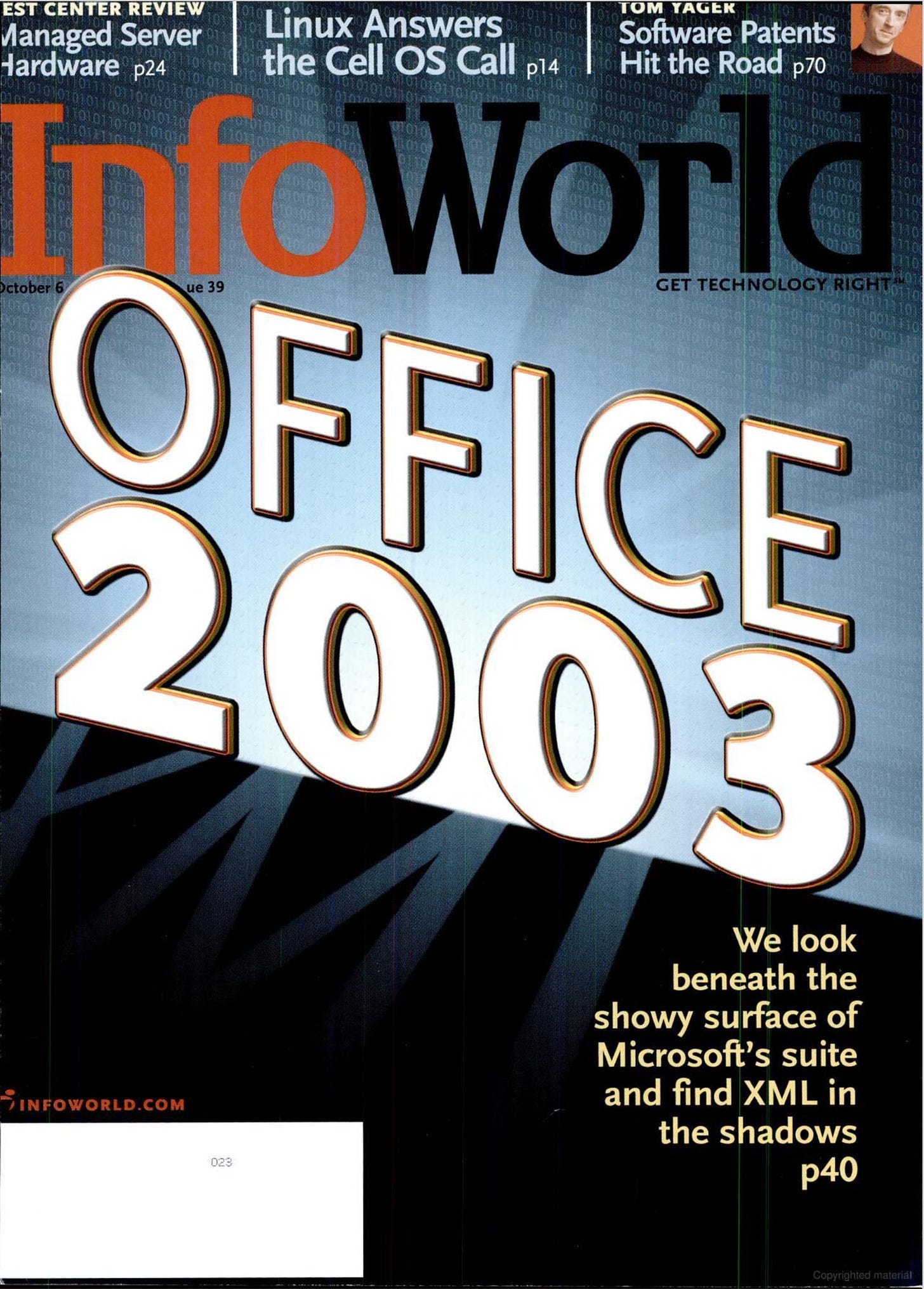 InfoWorld cover: Office 2003-we look beneath the showy surface of Microsoft's suite and find XML in the shadows