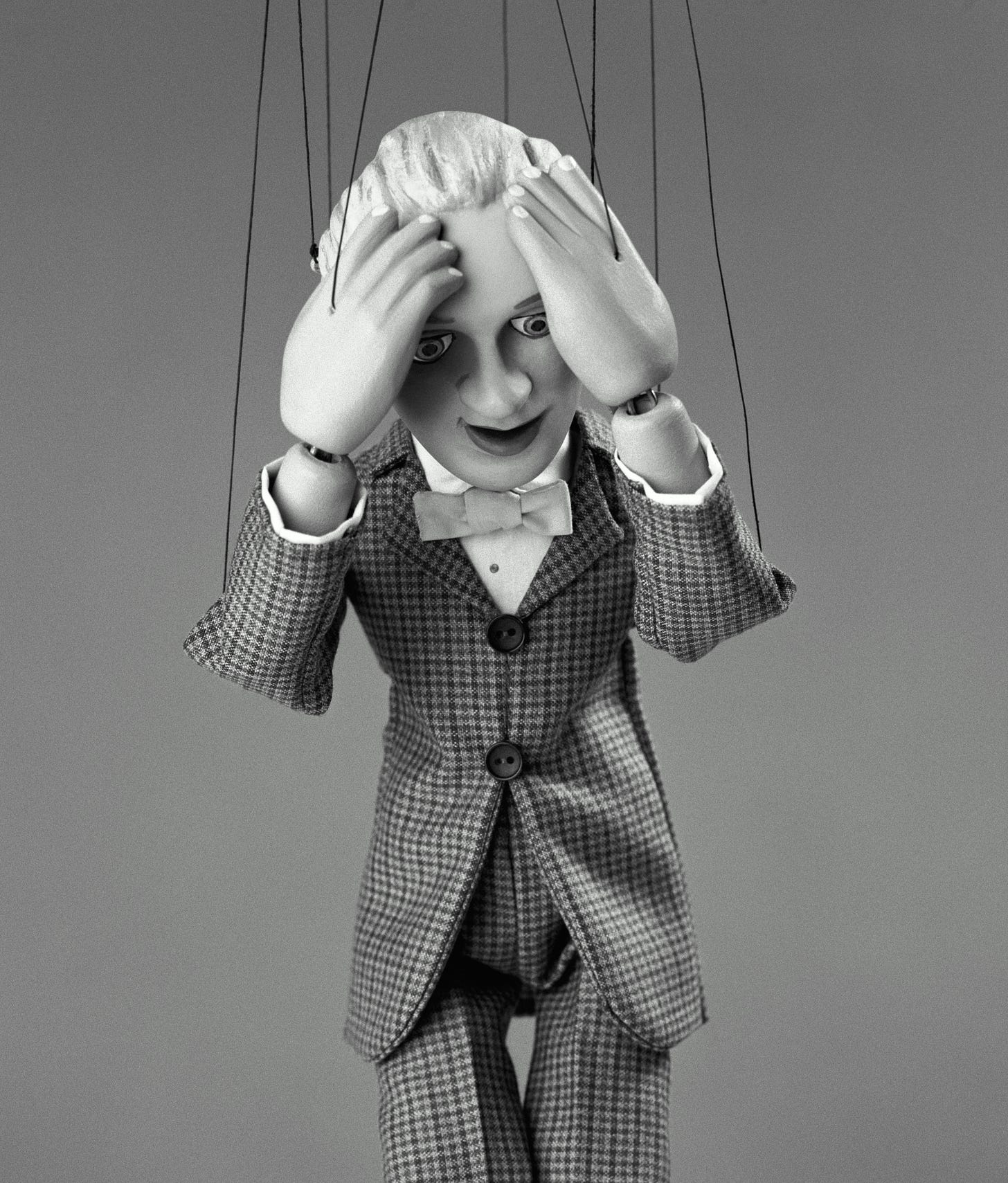 Black and grey image of a male presenting marionette in a checked suit andbow tie who could  plausibly be Rodney dangerfield