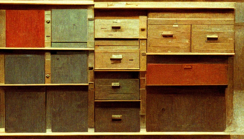 A front-view of various drawers, boxes and compartments in browns, yellows, reds and faint blues. They are sized differently. Representing mental boxes and compartments people might put concepts in.