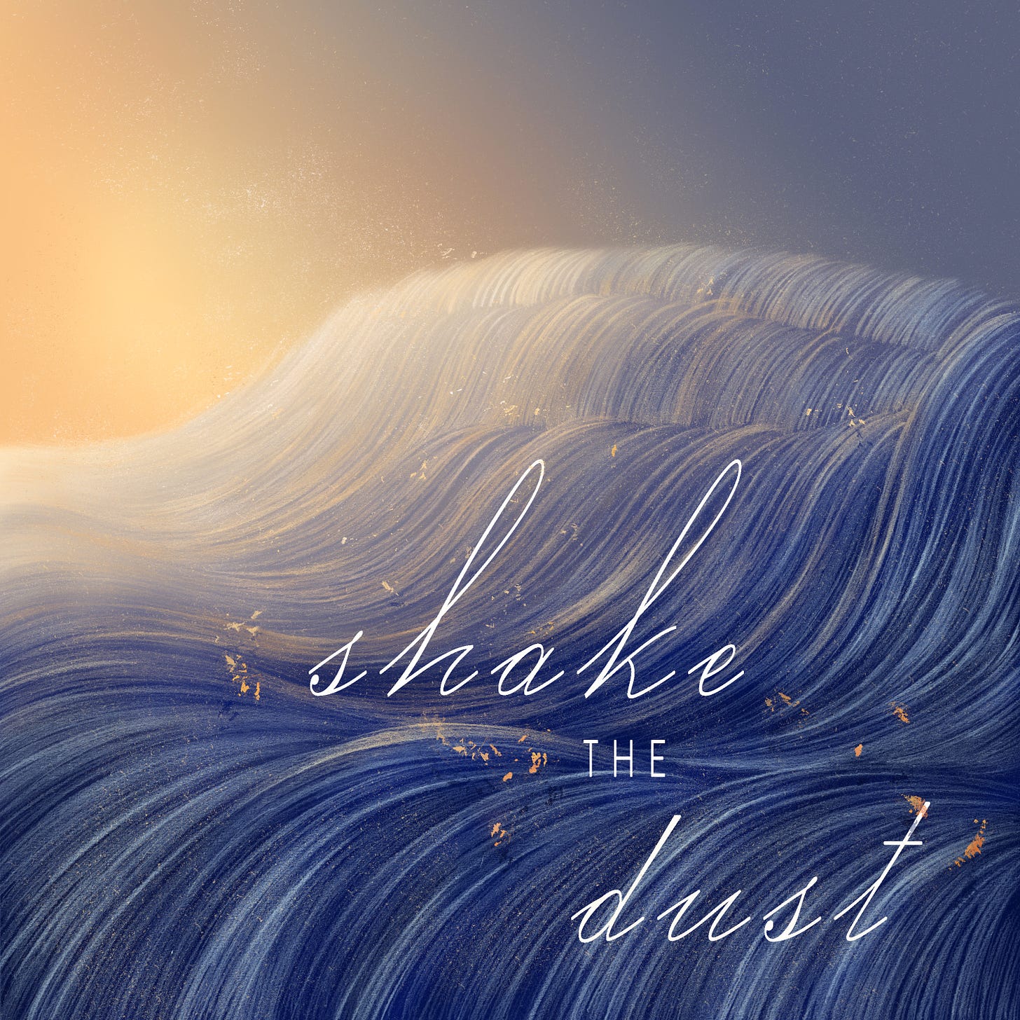A square image. It is a somewhat abstract Illustration in warm, bright colors of a blue and white landscape with flecks of orange. The landscape itself is undulating in about 4 waves descending from the top right to bottom left corners of the image. The sun is partially visible on the top left and the sky is blue. White, cursive lettering spells out “Shake the Dust” across the ground