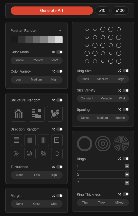 This is the “control panel” that you can use to tweak the parameters before generating up to 100 outputs at once.