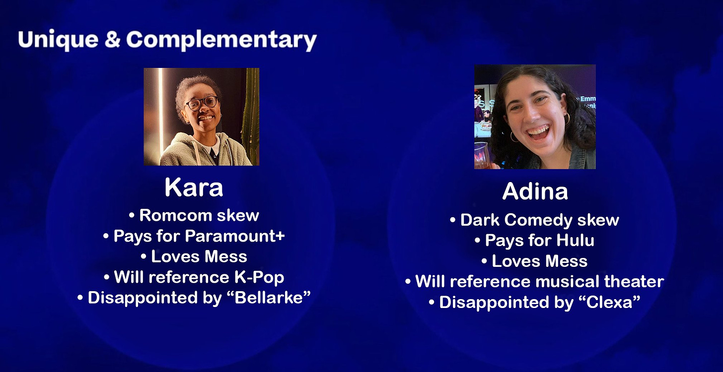 an edited version of a powerpoint slide (originally depicting the differences between HBO Max and Discovery+), edited to list differences between the two hosts of our podcast, Kara and Adina