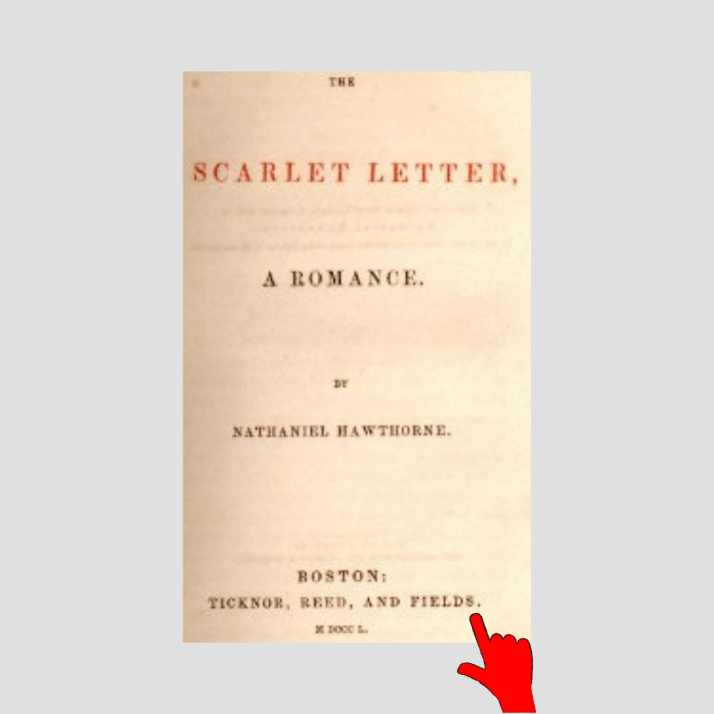 Title page of The Scarlet Letter with a finger pointing to the last name of James T. Fields.
