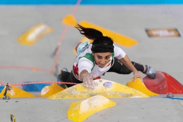 Elnaz Rekabi competing at the Asian Championships in Seoul, in a photo provided by the International Federation of Sport Climbing.