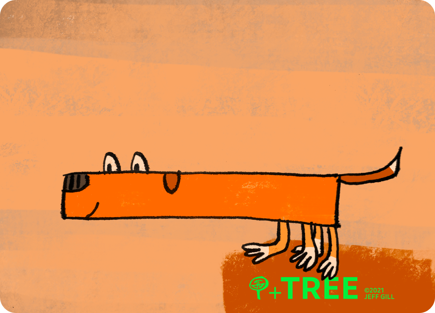 Illustration of a long orange happy dog standing at the edge of a cliff. He is alert but serene.