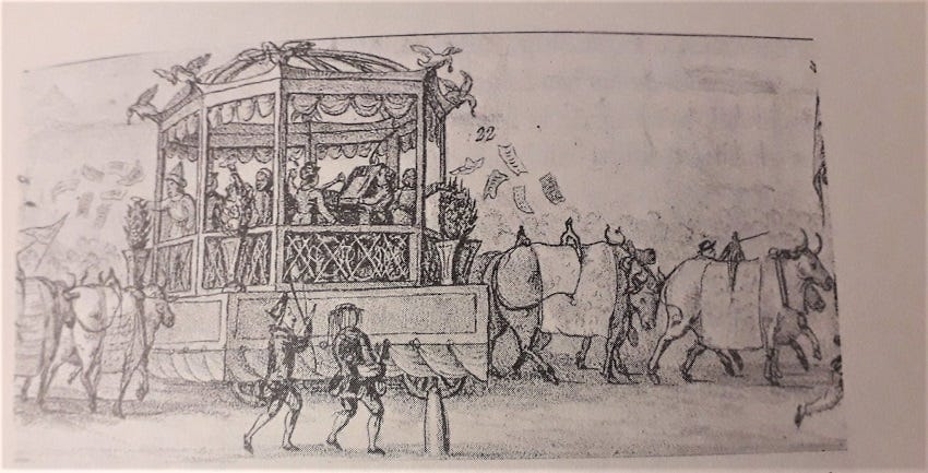 Litografía Baccanale dei gnocchi Dell'anno 1838, carro de la Tipografía Provincial de Paolo Libanti, sobre el que se imprimen sonetos y distribuyen al público durante el desfile.