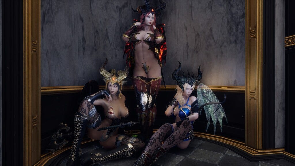 Three scantily-clad succubus are posing for the photo