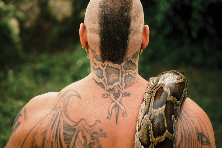 A photo of the muscular, tattooed back of mohawked Ryan Ausburn with a snake over his shoulder.