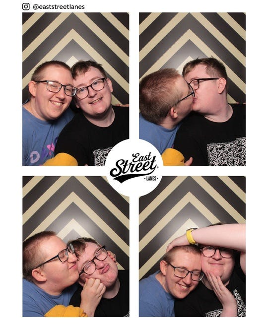 Four images, taken in a bowling alley photo booth. One is of Avery and their fiancé Markus smiling to the camera; another is of them kissing; the third is of Markus pulling at Avery's face, and the final image is of Avery trying to tickle the back of Markus' head in a weird way.