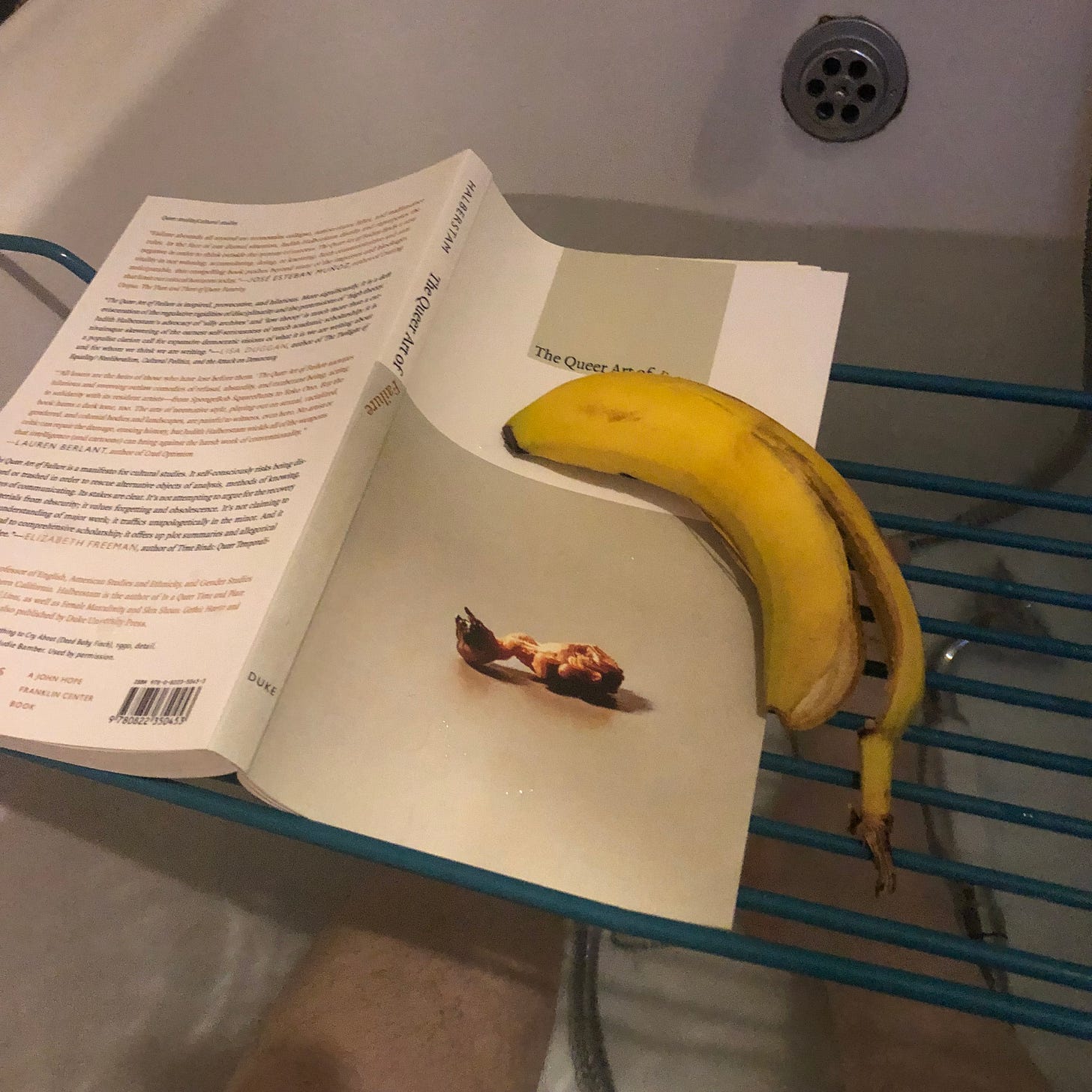 A photo of a rack held over a bathtub, with a book, The Queer Art of Failure by Jack Halberstam, and a half eaten banana. Someone's legs are visible in the water beneath. 