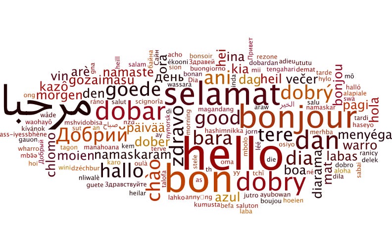 hello, bonjour, selamat, dobry (hello in many languages)