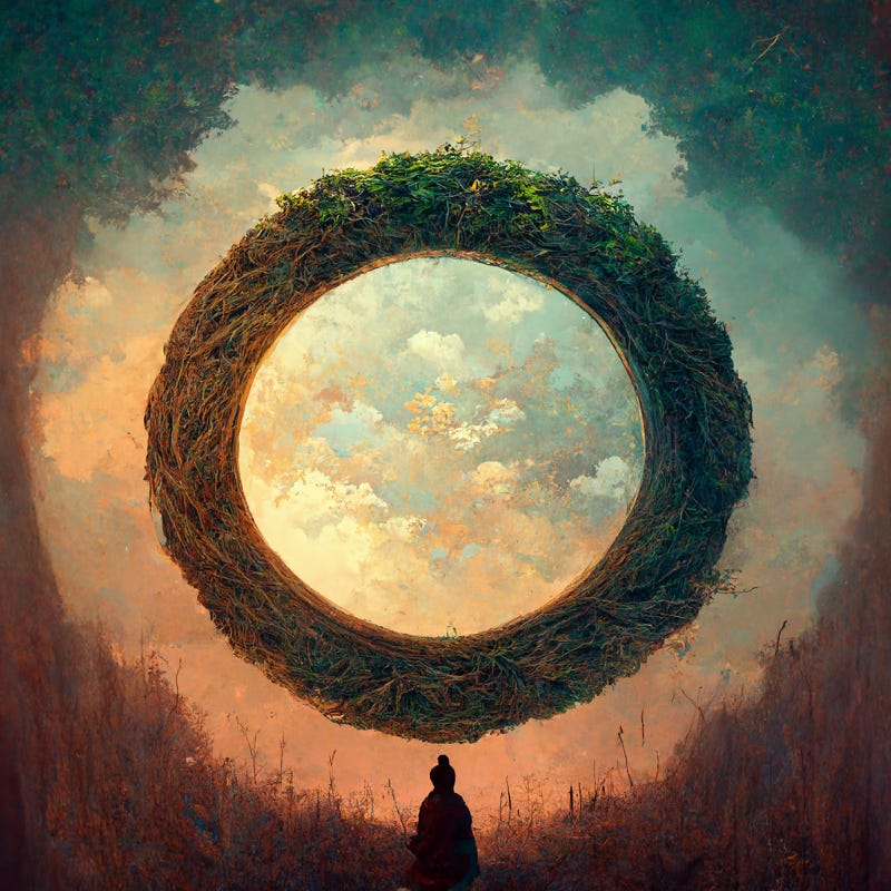 A warm sunrise glow bathes a floating circle made of branches, thick and dense, twisted together. It’s shape is near-perfect, with the branches on top growing lush green foliage, while the bottom is dry and brown. A figure stares up at it from below. Clouds in the sky behind it.