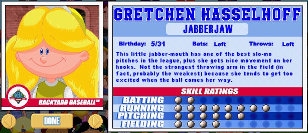 Image result for Gretchen Hasselhoff backyard baseball 2001