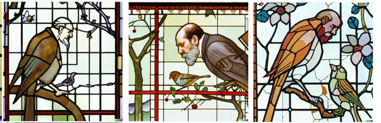 Three stained glass windows depicting Charles Darwin's head on a Finch's body