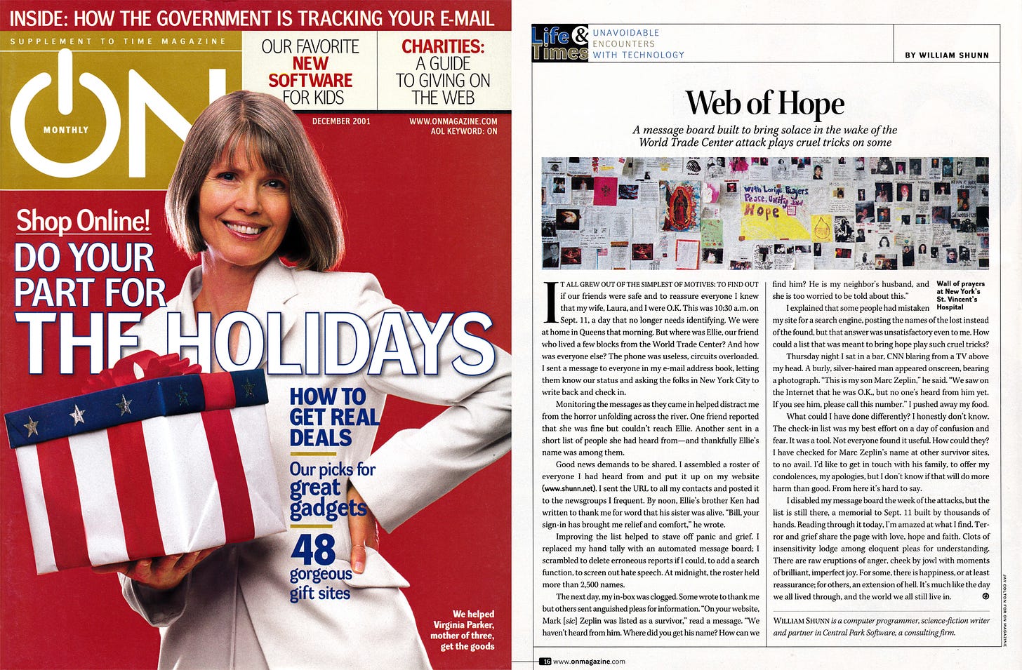 Collage of the December 2001 cover for "ON Magazine" (a smiling gray-haired woman in a white suit holding a stars-and-stripes-wrapped present against a red background, with the headling "Shop Online! Do Your Part for the Holidays"), and page 16 of the magazine (featuring the column "Web of Hope" by William Shunn).