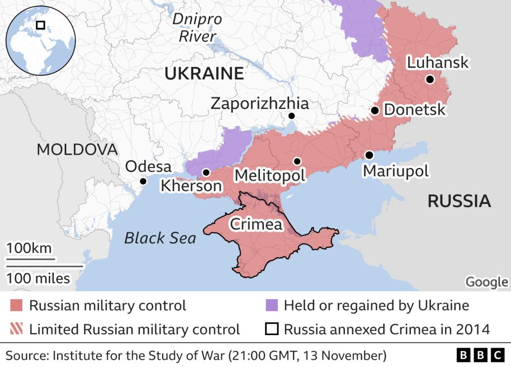 Map of southern Ukraine showing areas of control, updated 13 Nov