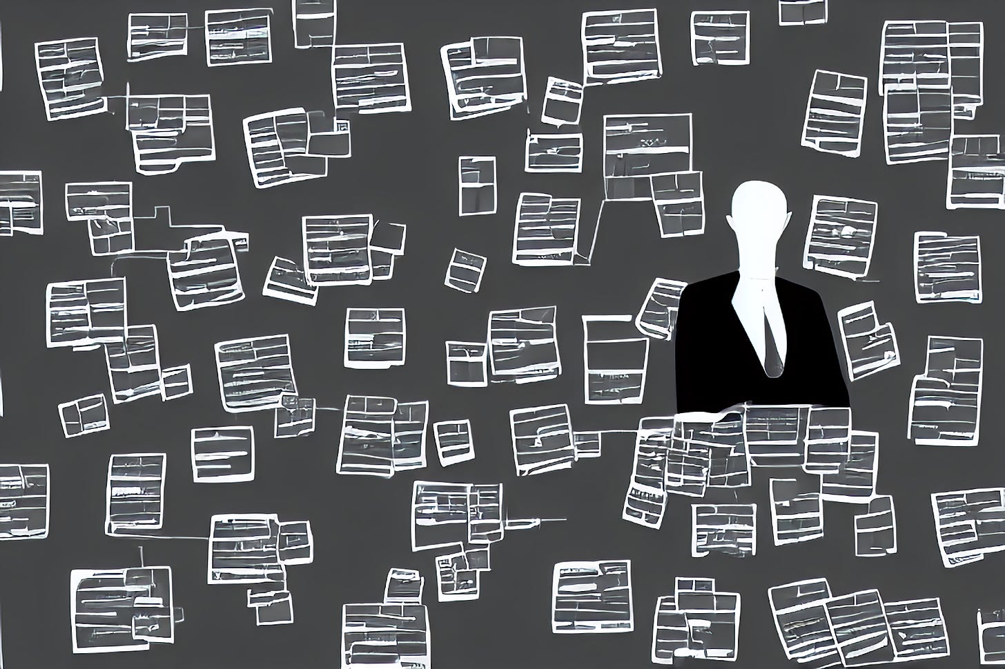 A silhouetted figure in business attire surrounded by abstract floating job descriptions.
