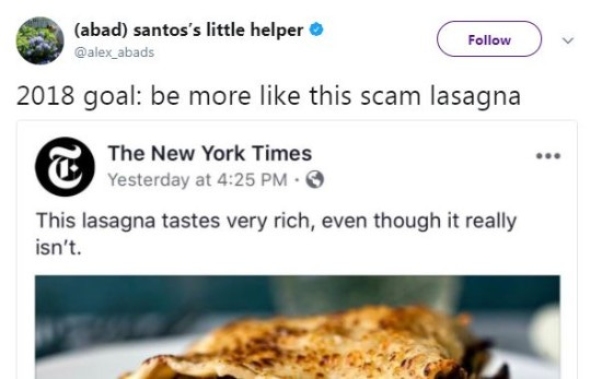 Screenshot of a funny tweet about lasagna