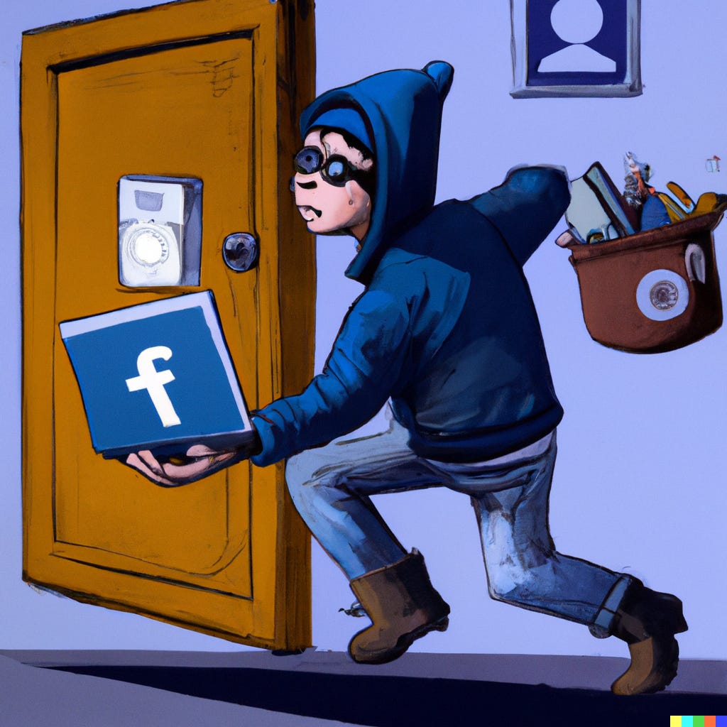 “A cartoon burglar breaking into Facebook, digital art,” as interpreted by OpenAI’s DALL-E
