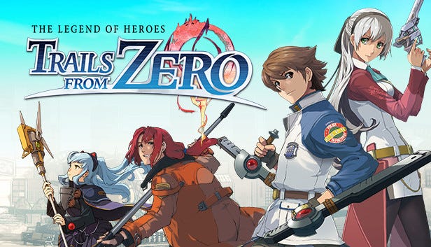 Promotional art of Trails from Zero, featuring the game's four central protagonists. From left to right, Tio, Randy, Lloyd, and Elie.