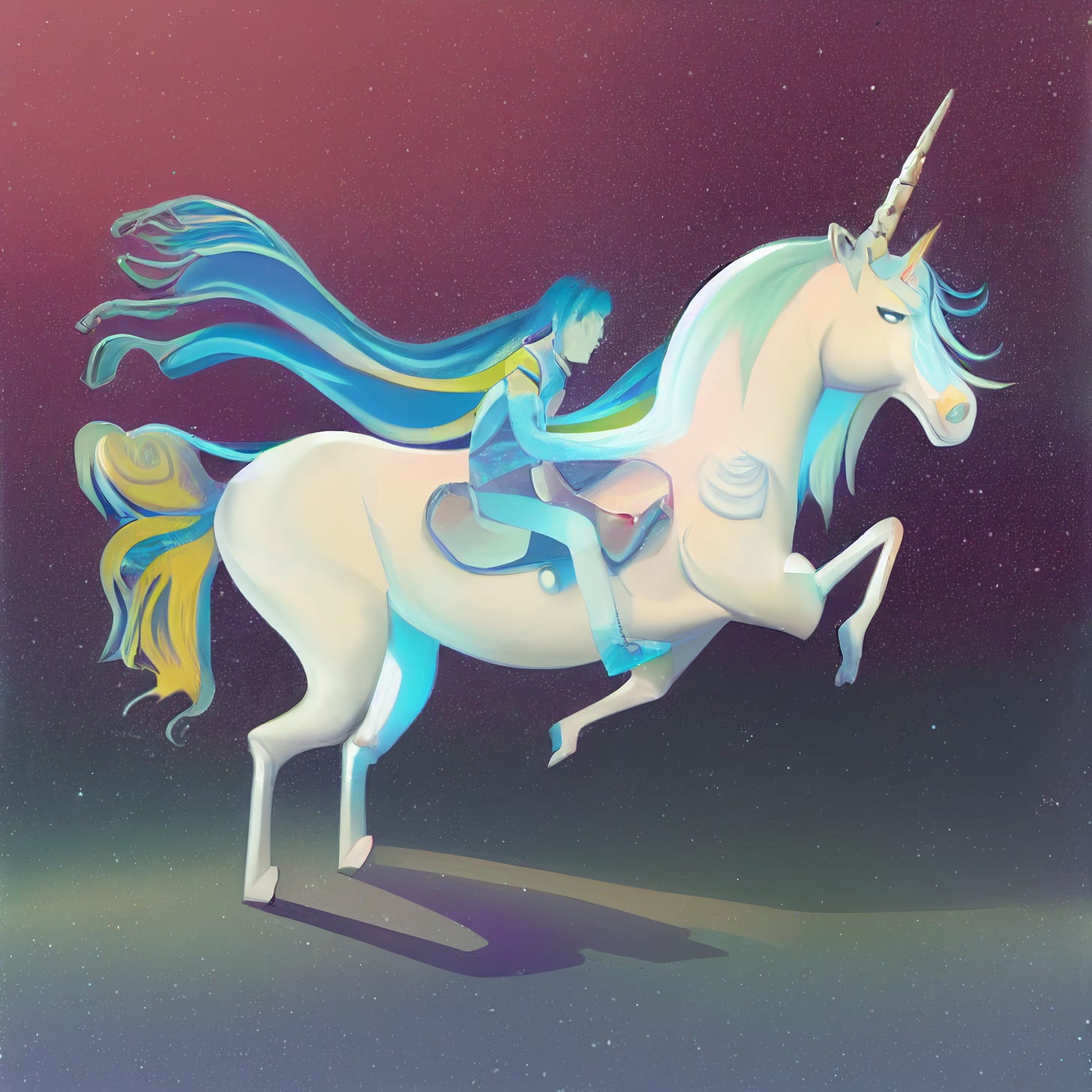 humanoid attached to unicorn with flowing hair matching unicorn's tail