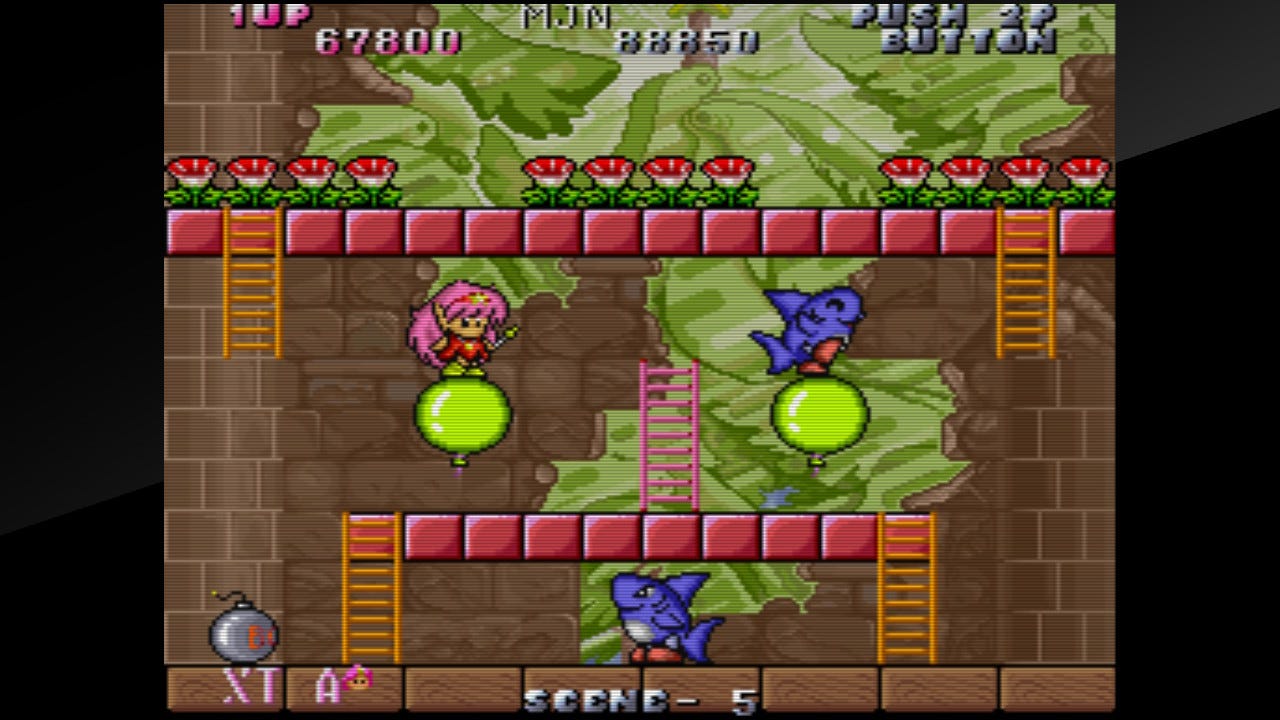 A screenshot that features balloons ascending through stage five, with both Rit and a Shark riding them up to the top platform.