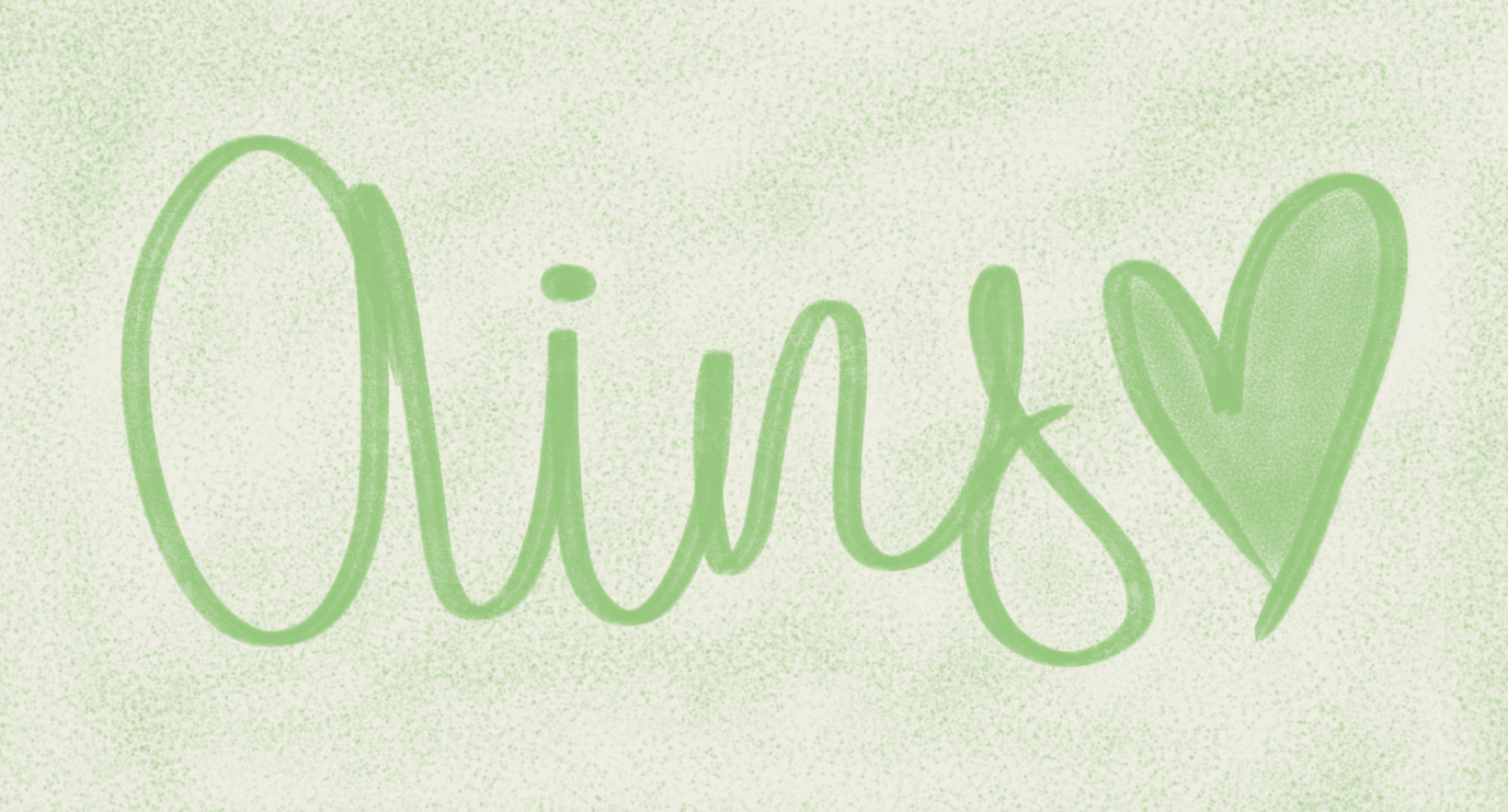 Ains in cursive with a heart, green font color and background