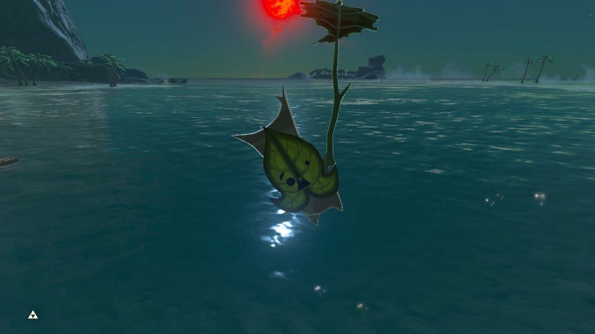 Korok blissfully hovering over the sea while the Blood Moon rises in the background