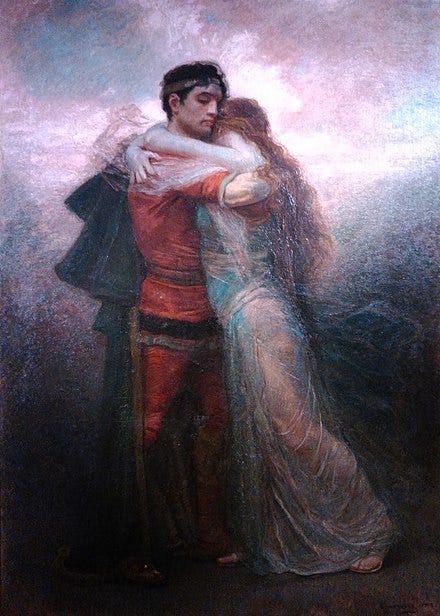 A painting of Tristan and Isolde, standing and clutching each other desperately.