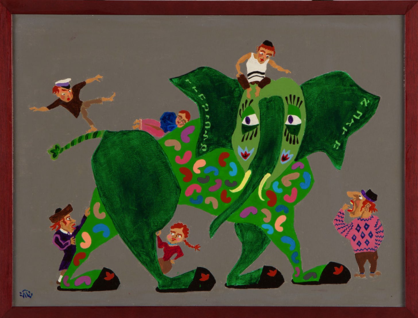 A green elephant with Hebrew on its ears and Jews in Hasidic garb playing on it
