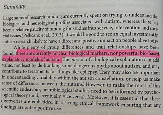 Extract from Fletcher-Watson and Happe, 2019. Highlughted text reads: there are currently no clear biological markers, nor powerful bio-based explanatory models of autism.