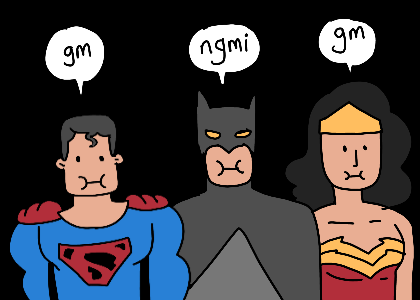 Superman, Batman and Diana of Themyscira standing from left to right. Superman says 'gm', Diana says 'gm' but Batman says 'ngmi'