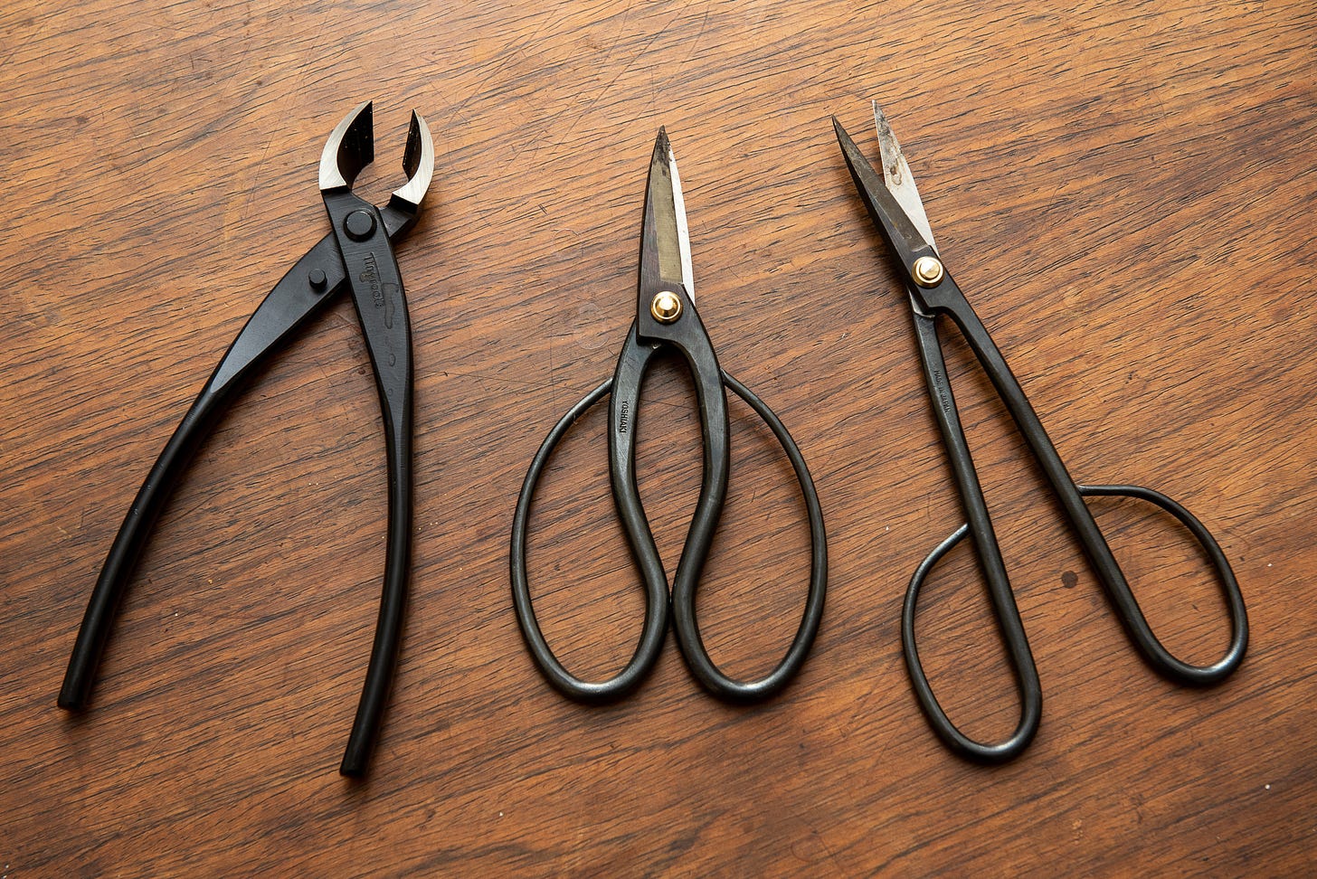 ID: Three black coated metal bonsai trimmers on a table. Two look like scissors, the third is a plier device called a concave cutter