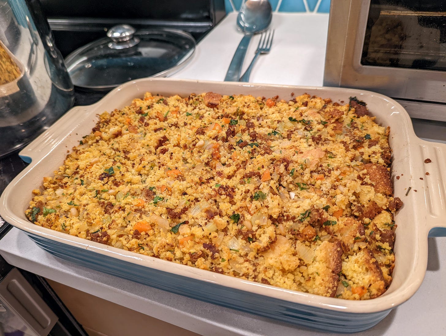 Cornbread stuffing with chorizo. Hope everyone had a great Thanksgiving! (Photo: me)