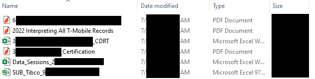A redacted screenshot of a folder of T-Mobile records returns