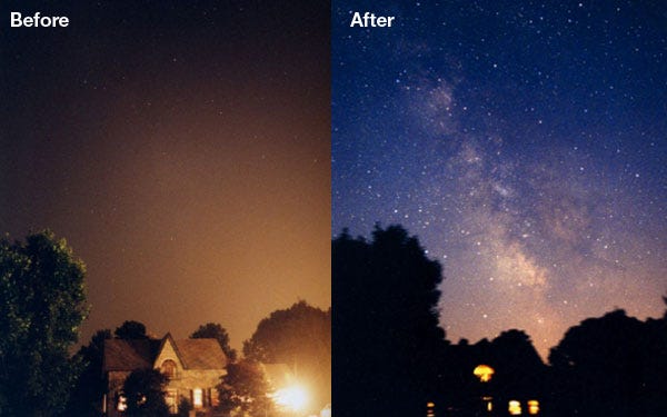 The same suburban night sky before and after a blackout
