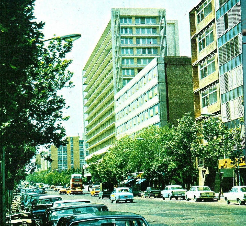 Ordinary life before the revolution: Takht e Jamshid Avenue is lined with cars in 1971