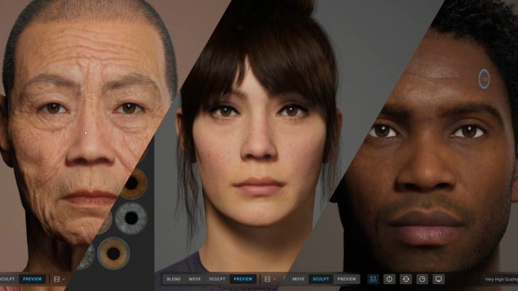 Three realistic computer generated faces, an older asian man, a white woman with dark hair, and a dark-skinned man.