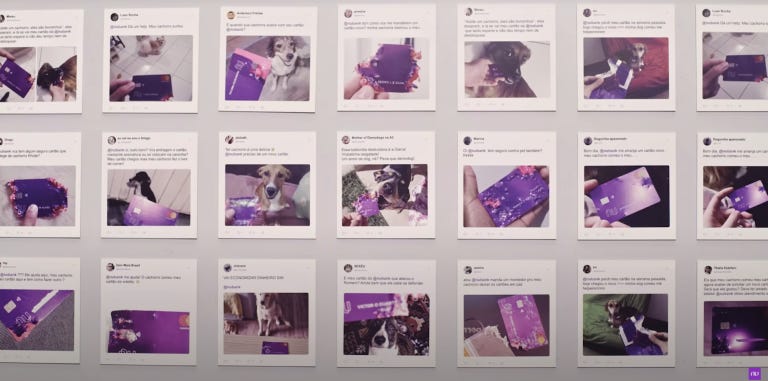 Reprodução de vários posts de pessoas em redes sociais mostrando os cartões do Nubank comidos por seus cachorros
