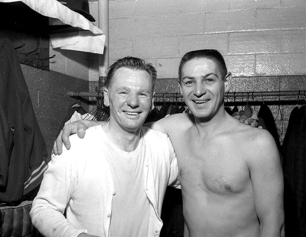 Howard Berger a Twitteren: &quot;Johnny Bower (left) and Terry Sawchuk at the  Gardens on May 2, 1967, moments after the #Leafs won their most-recent  Stanley Cup. Sawchuk played goal that night and