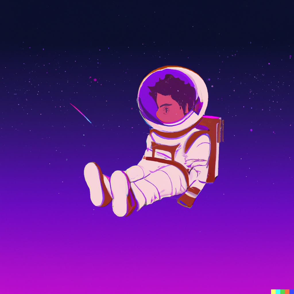 a child astronaut struggling with positive and negative thoughts while floating in space in the style of vaporware