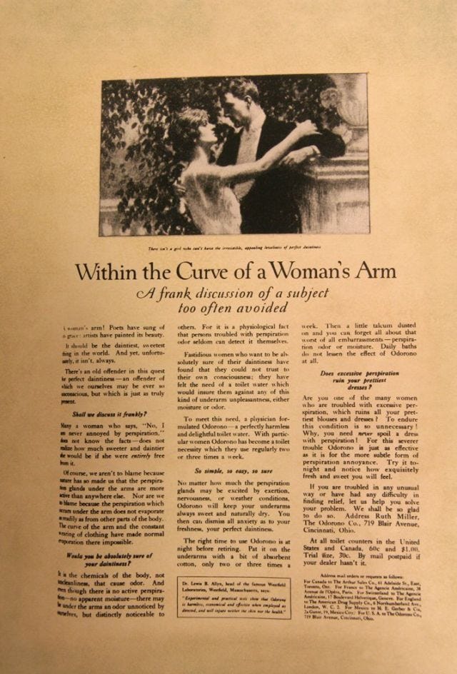 An ad for a deodorant from the 1920s that basically says women stink. 