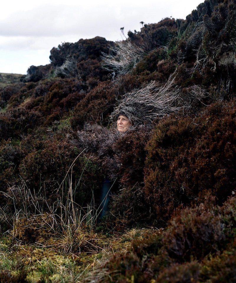 A person dressed in sculptural wearables made of organic materials blends in with the surrounding landscape. Click the picture to find out more.