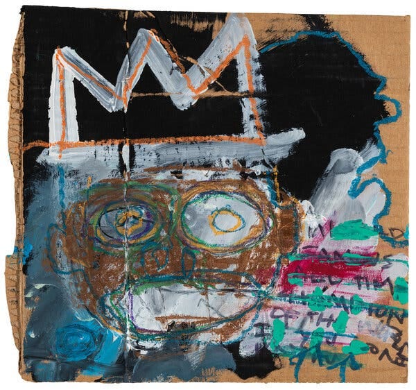 Basquiat is said to have painted “Untitled (Self-Portrait or Crown Face II)” in 1982 on the back of a Federal Express shipping box.