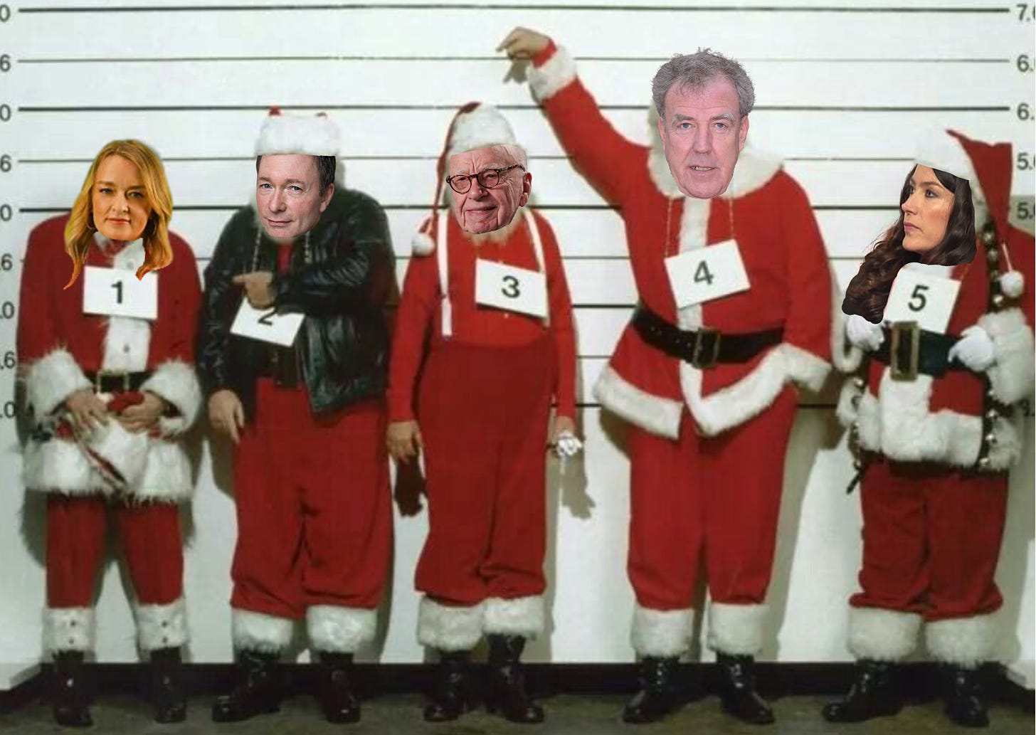 A police lineup of Santas, they are Laura Kuenssberg, tony Parsons, Rupert Mudoch, Jeremy Clarkson and Victoria Newton