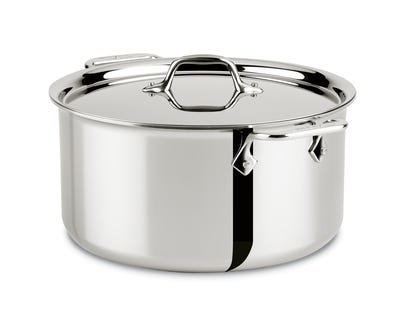 A large, stainless steel stock pot