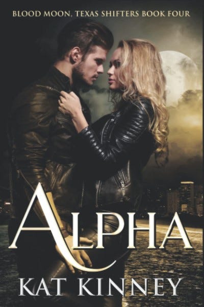 Book cover of Alpha by Kat Kinney showing a man and woman about to embrace