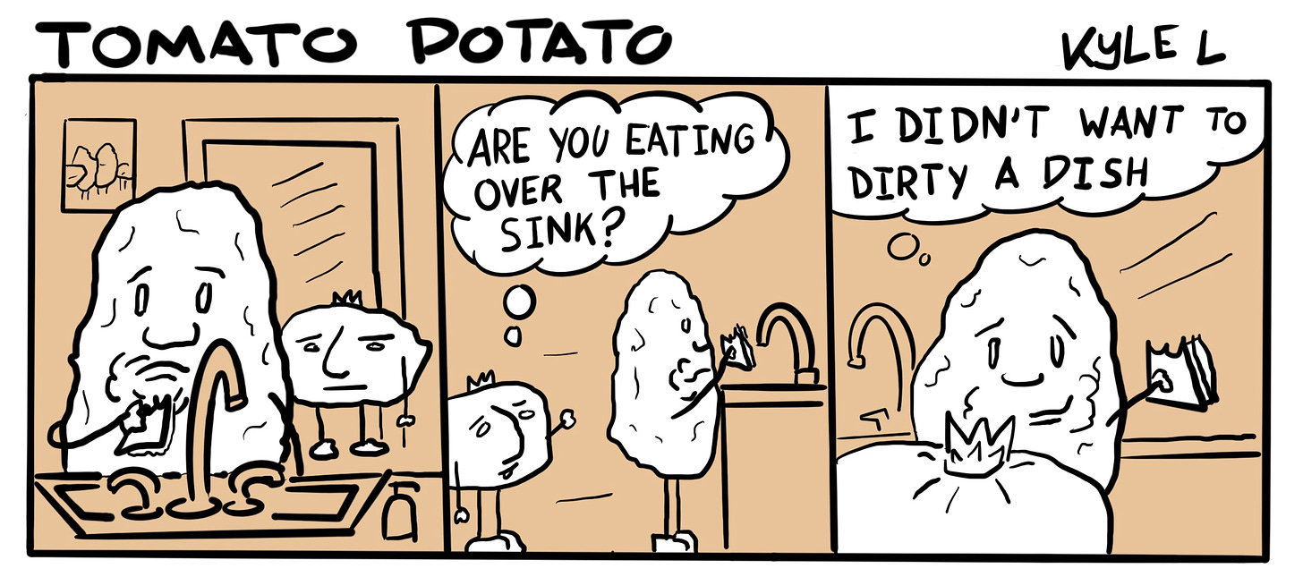 Comic strip, Potato eating a sandwich over the sink
