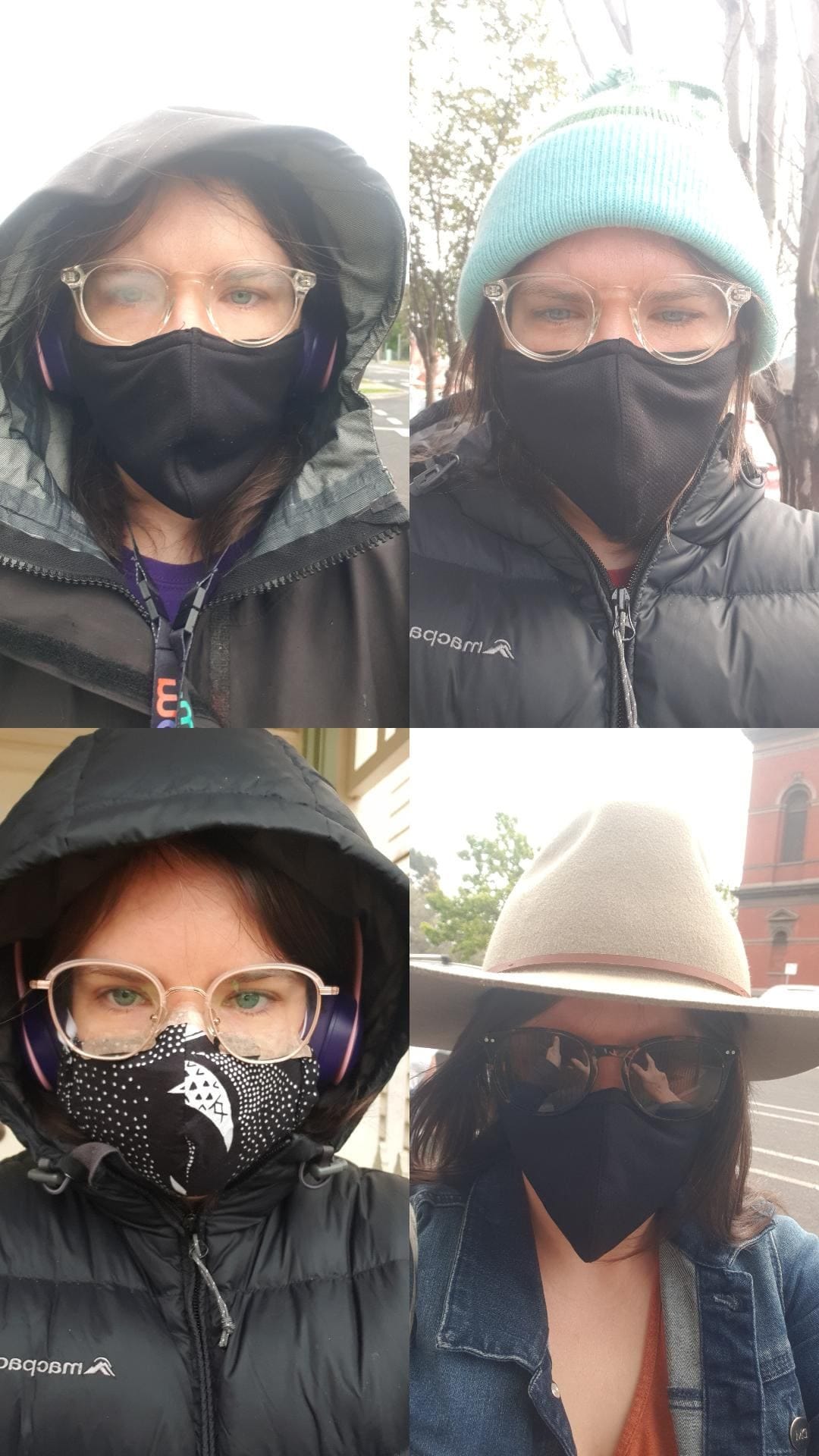 Four selfies of a white woman wearing glasses, a face mask and a hat