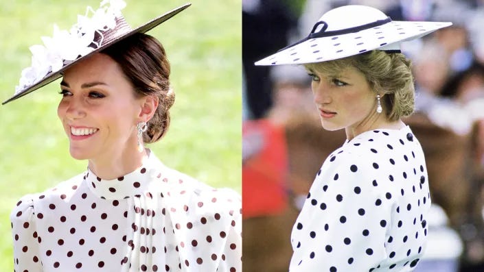 Kate Middleton (left) recreated Princess Diana's polka-dot look for her Royal Ascot debut. <span class="copyright">Getty Images</span>